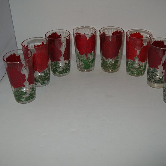 Set of 8 ~ Vintage Red ROSES Flowers PEANUT BUTTER GLASSES 10 Oz 5